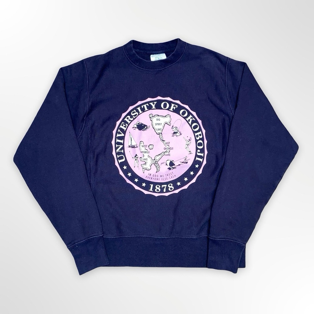 VTG Champion Reverse Weave University of Okoboji Sweatshirt Mens S Navy Crewneck